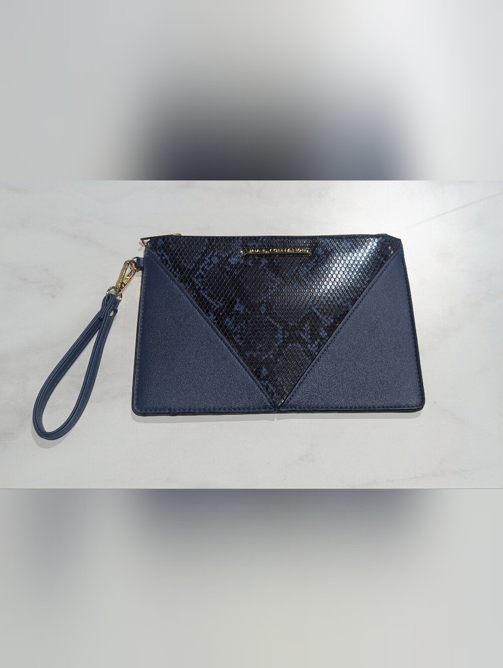 Textured Snakeskin Navy Blue Wristlet Clutch with Detachable Strap